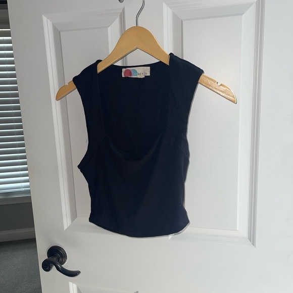 Free People Beach Square Neck Black Cropped Ribbed Daphne Tank Black Top XS - Picture 2 of 8